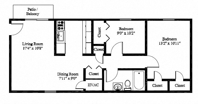 Floor plan for 2 beds, 1 bath